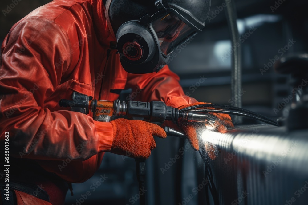 Man Welding Pipe with Gas Mask Man Welding Pipe with Gas Mask