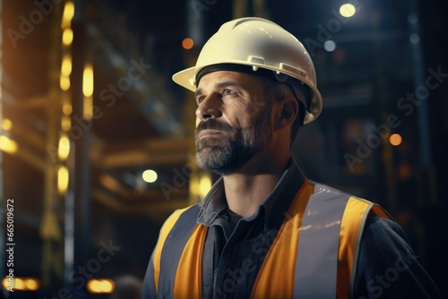 Man Wearing Hard Hat and Vest