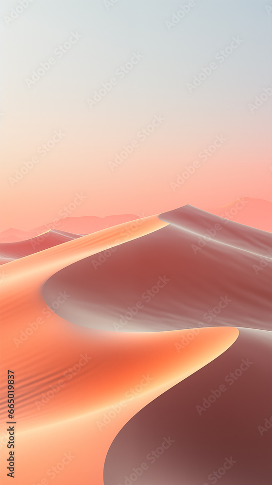 A light orange sand dune with a smooth, flowing shape in a desert at sunset. The background is a gradient of orange and blue. Soft, dreamy mood.