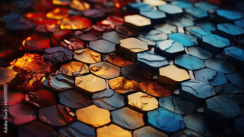 Background of glass hexagons made of wood in yellow, turquoise and red tones