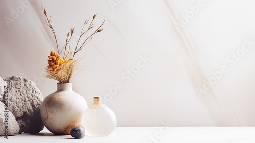 A minimalist home decor setup - a light beige vase with dried flowers in it. Next to the vase is a rock and a small glass vase. The background is a white wall with a shadow of a window. © Andrey