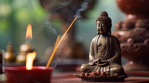 View of a Buddha statue with incense, AI generative photo