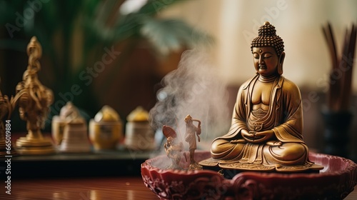 View of a Buddha statue with incense  AI generative