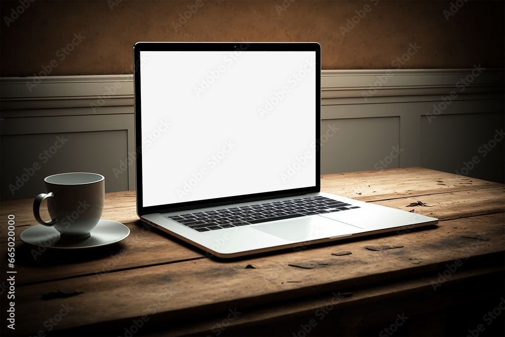 Fototapeta premium Laptop computer with opened lid on table in home office workspace
