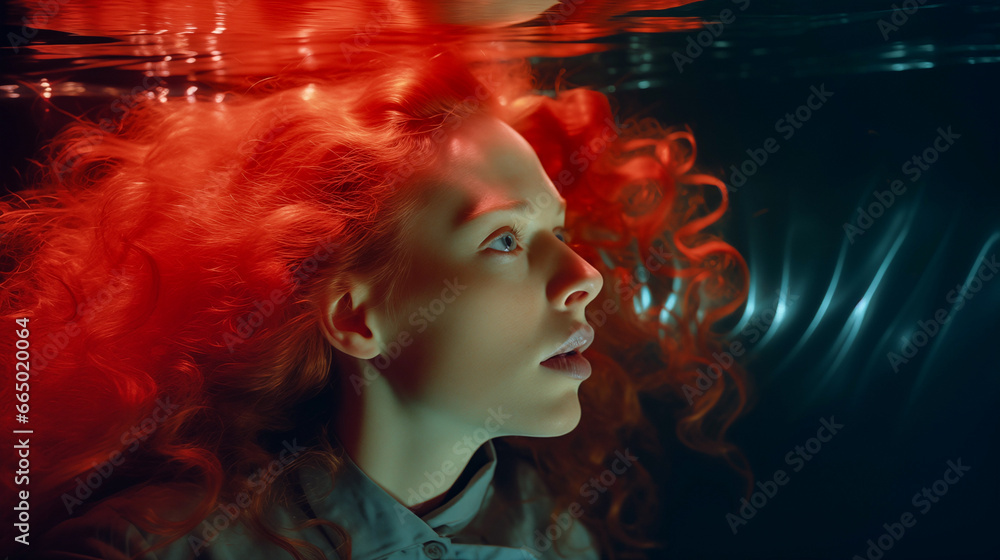 Surrealistic portrait of a red-haired and curly woman underwater in a dark room. Her eyes are open and she has a worried, anxious and surprised expression on her face, her mouth slightly open. Surrealistic portrait of a red-haired and curly woman underwater in a dark room. Her eyes are open and she has a worried, anxious and surprised expression on her face, her mouth slightly open.