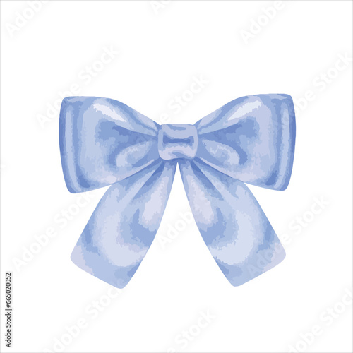 Blue ribbon Bow vector illustration. Hand drawn graphic clip art on white isolated background. Watercolor painting of birthday gift decoration. For the design of greeting cards and invitations