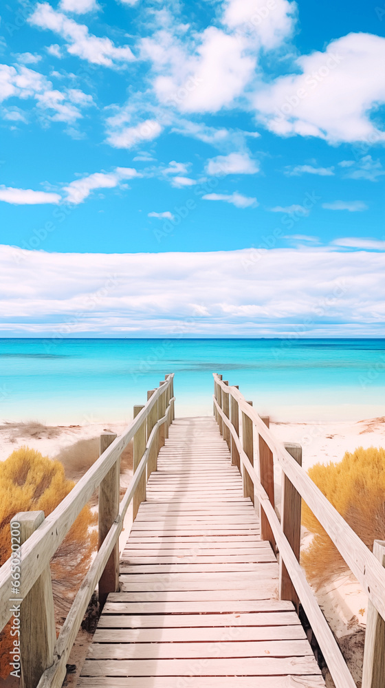 Obraz premium A wooden boardwalk leading to a beach. The beach is visible in the background, with white sand and bright turquoise water. The sky is blue with some clouds.