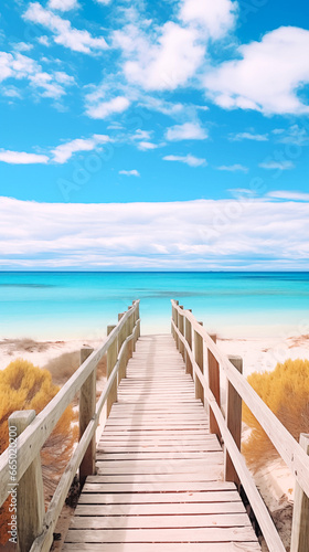 A wooden boardwalk leading to a beach. The beach is visible in the background  with white sand and bright turquoise water. The sky is blue with some clouds.