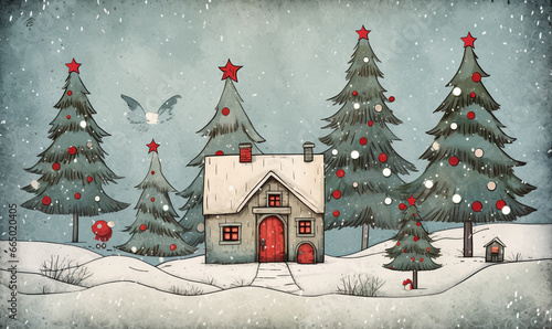 Postcard with a cartoon of a cute christmas house © Kei