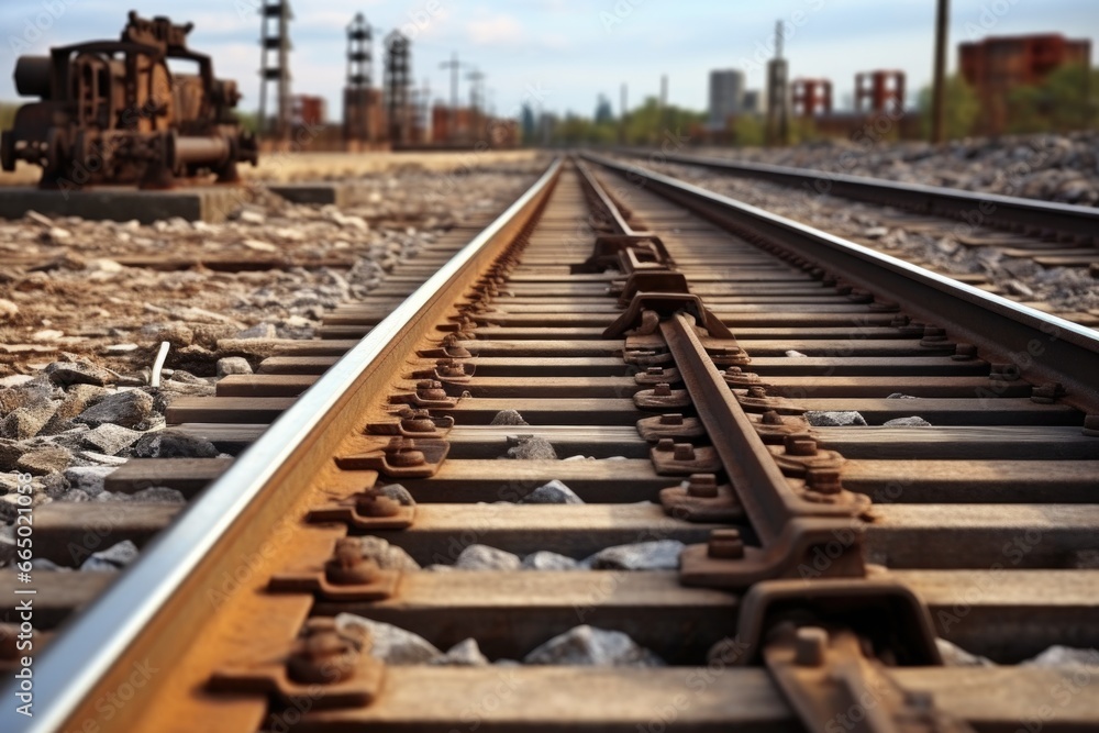Close Up of Train Track with Background Train Close Up of Train Track with Background Train