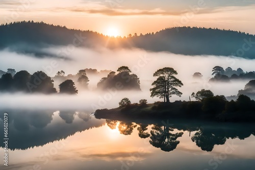 A stunning, misty morning over a tranquil lake with a mist-shrouded island, where the soft rays of sunrise gently touch the water's surface. © Resonant Visions