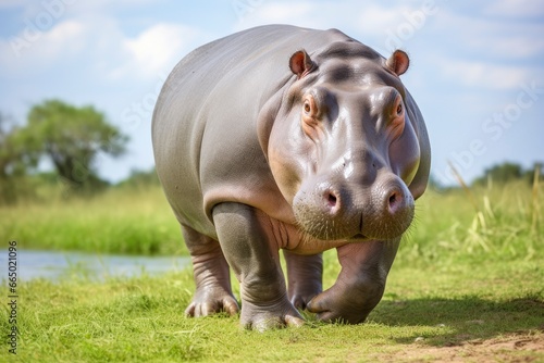 Hippopotamus Walking in a green field. © MKhalid