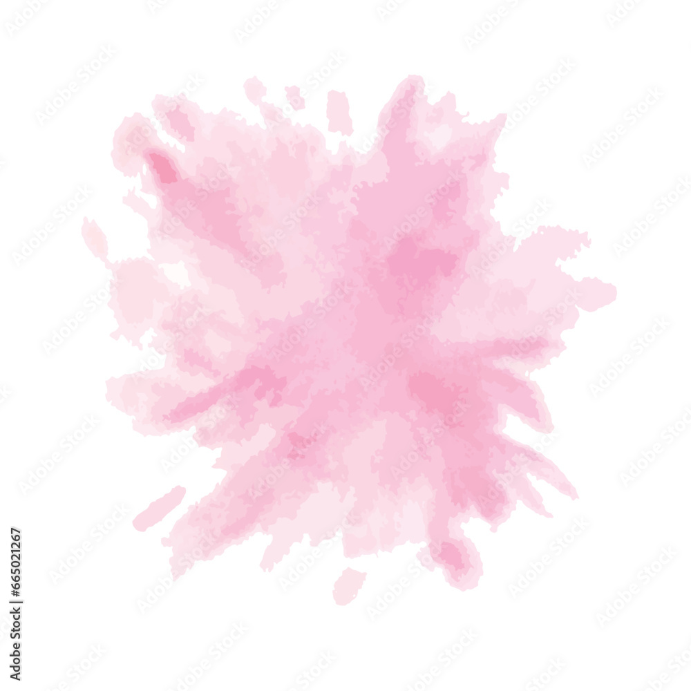 Pink watercolor paint stain. Vector illustration of ink spot. Hand drawn clip art of splash on white isolated background. Painting of brush stroke in pastel colors. Copy space for text