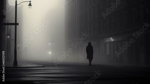 A mysterious, solitary figure traverses a foggy, monochromatic urban landscape.
