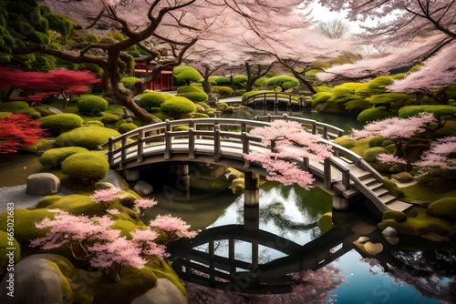 A tranquil  ancient Japanese garden with meticulously raked gravel  a serene koi pond  and a traditional wooden bridge under cherry blossoms.