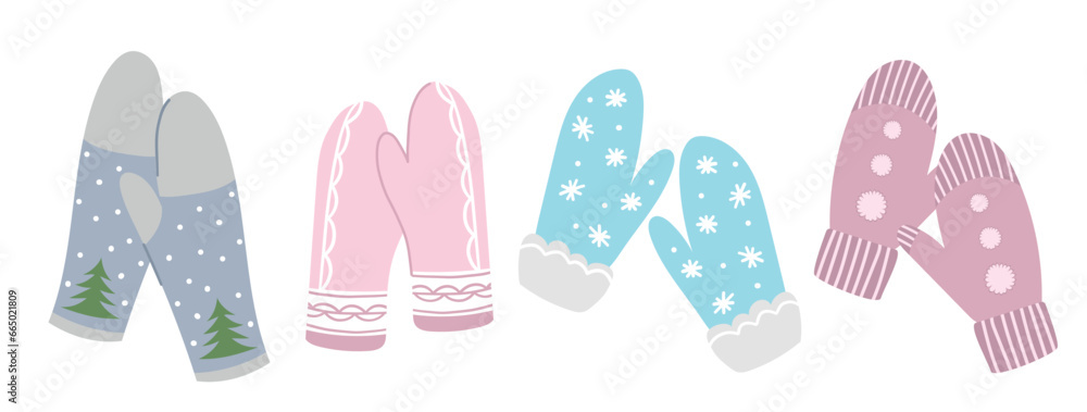 Set of different knitted mittens. Woolen or knitted mitten for cold frosty weather isolated on white background. Warm winter mittens set. Cute hand drawn elements for winter design. Winter accessories