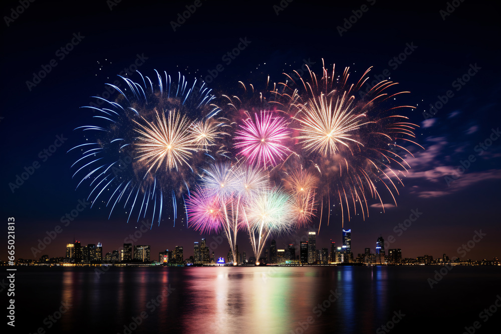 A far away spectacular fireworks display lighting up the night sky over city skyline, captures the excitement and celebration of a special event with the vibrant colors and patterns A far away spectacular fireworks display lighting up the night sky over city skyline, captures the excitement and celebration of a special event with the vibrant colors and patterns