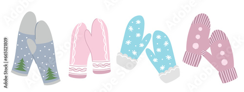 Set of different knitted mittens. Woolen or knitted mitten for cold frosty weather isolated on white background. Warm winter mittens set. Cute hand drawn elements for winter design. Winter accessories