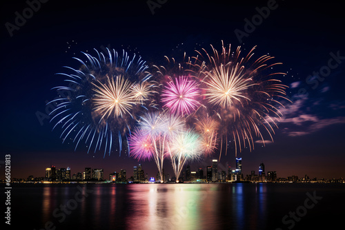 A far away spectacular fireworks display lighting up the night sky over city skyline, captures the excitement and celebration of a special event with the vibrant colors and patterns  © 1by1step