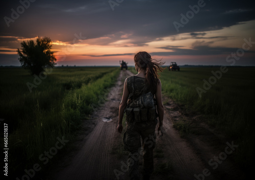 Young female soldier walking home down a muddy road © Jason