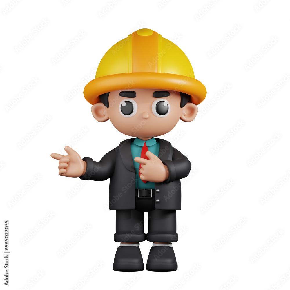 3d Character Engineer Pointing Fingers In Direction Pose. 3d render isolated on transparent backdrop. 3d Character Engineer Pointing Fingers In Direction Pose. 3d render isolated on transparent backdrop.
