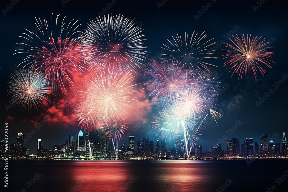 A spectacular fireworks display lighting up the night sky over city skyline, captures the excitement and celebration of a special event with the vibrant colors and patterns 