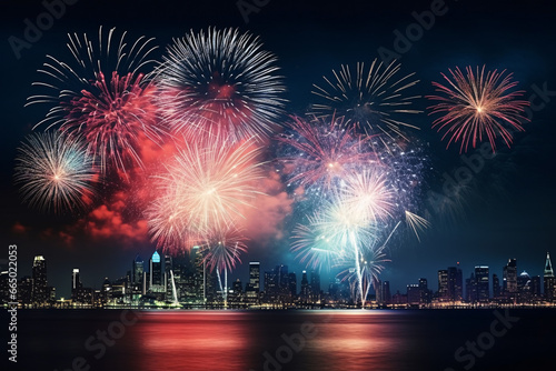 A spectacular fireworks display lighting up the night sky over city skyline, captures the excitement and celebration of a special event with the vibrant colors and patterns 