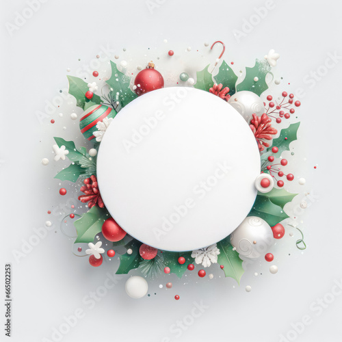 Christmas and New Year round frame with red berry branches, balls, snowflakes on white background