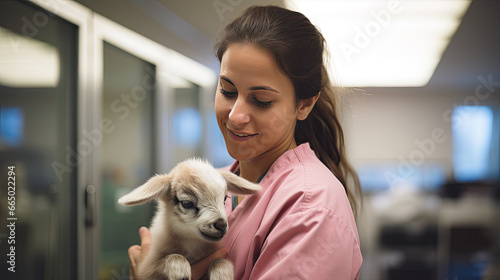 A veterinarian holds a small goat baby