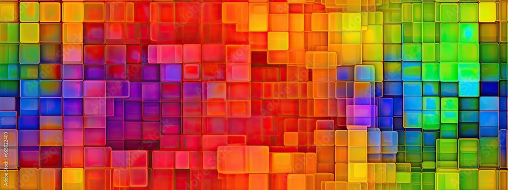 Seamless psychedelic rainbow heatmap glass square blocks refraction pattern background texture. Trippy hippy abstract dopamine dressing fashion motif. Bright colorful neon retro wallpaper backdrop. Seamless psychedelic rainbow heatmap glass square blocks refraction pattern background texture. Trippy hippy abstract dopamine dressing fashion motif. Bright colorful neon retro wallpaper backdrop.