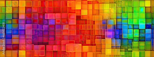Seamless psychedelic rainbow heatmap glass square blocks refraction pattern background texture. Trippy hippy abstract dopamine dressing fashion motif. Bright colorful neon retro wallpaper backdrop. © Eli Berr