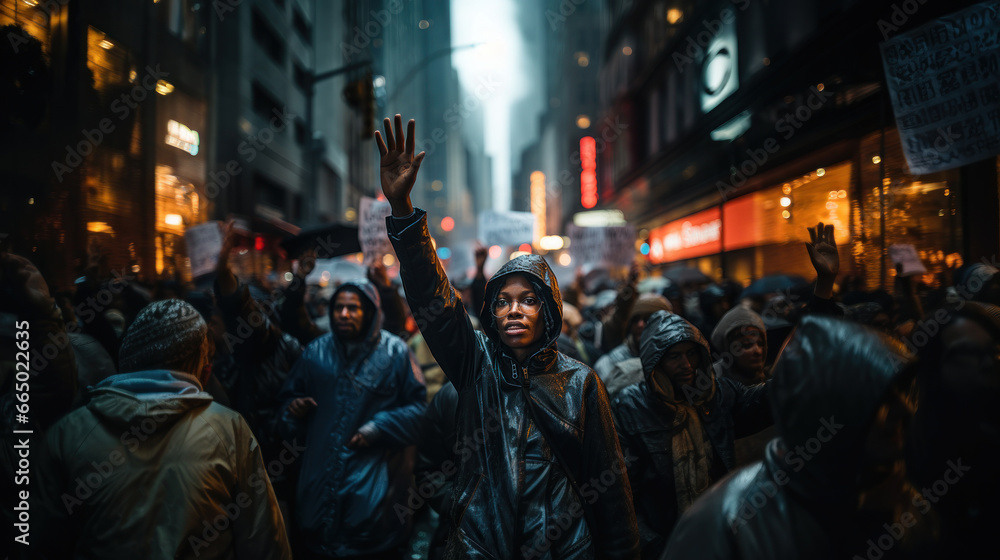 Group of demonstrators protesting in the city. Human rights rally and justice warrior concept. Group of demonstrators protesting in the city. Human rights rally and justice warrior concept.