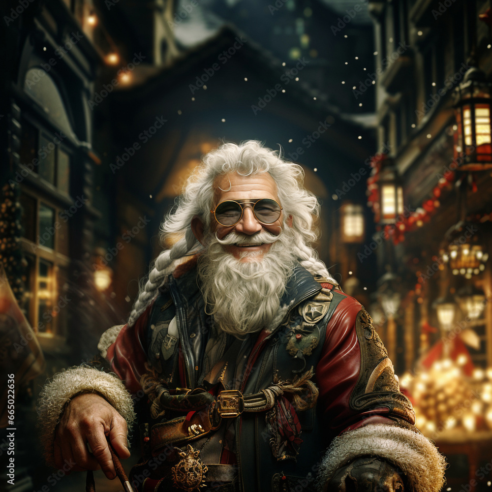 Obraz premium Christmas time, Santa Claus with a fashionable hipster-like modern look is in town again enjoying the season
