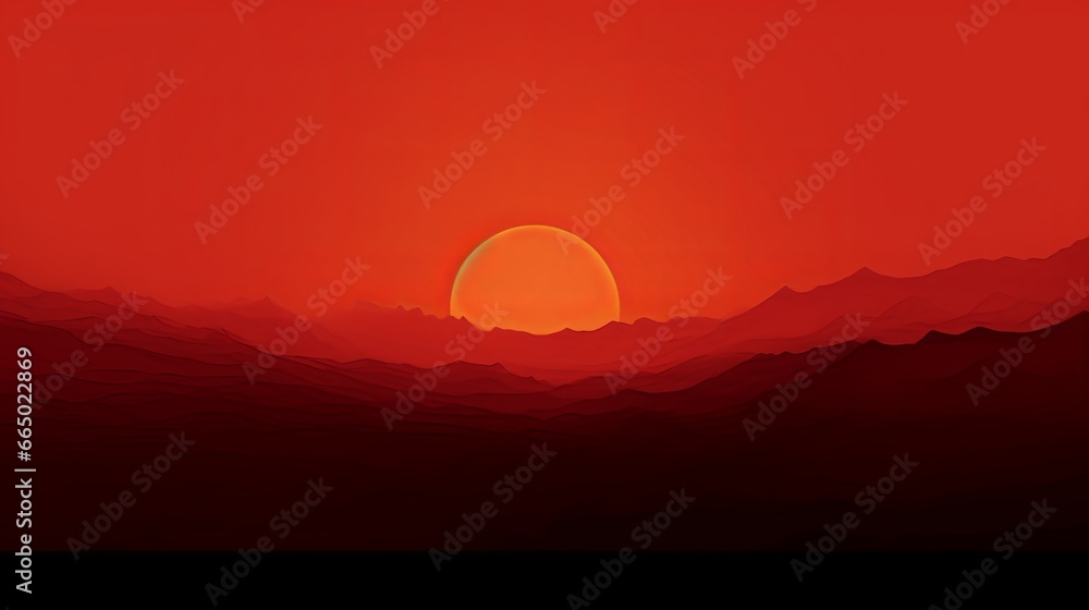 Sunset Horizon Gradient: Red and Orange Sky with Mountain Silhouette - Beautiful Abstract Landscape at Dawn and Dusk