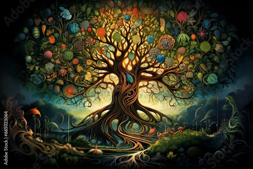 The tree of life symbolizing wealth and abundance of life. Generative AI photo