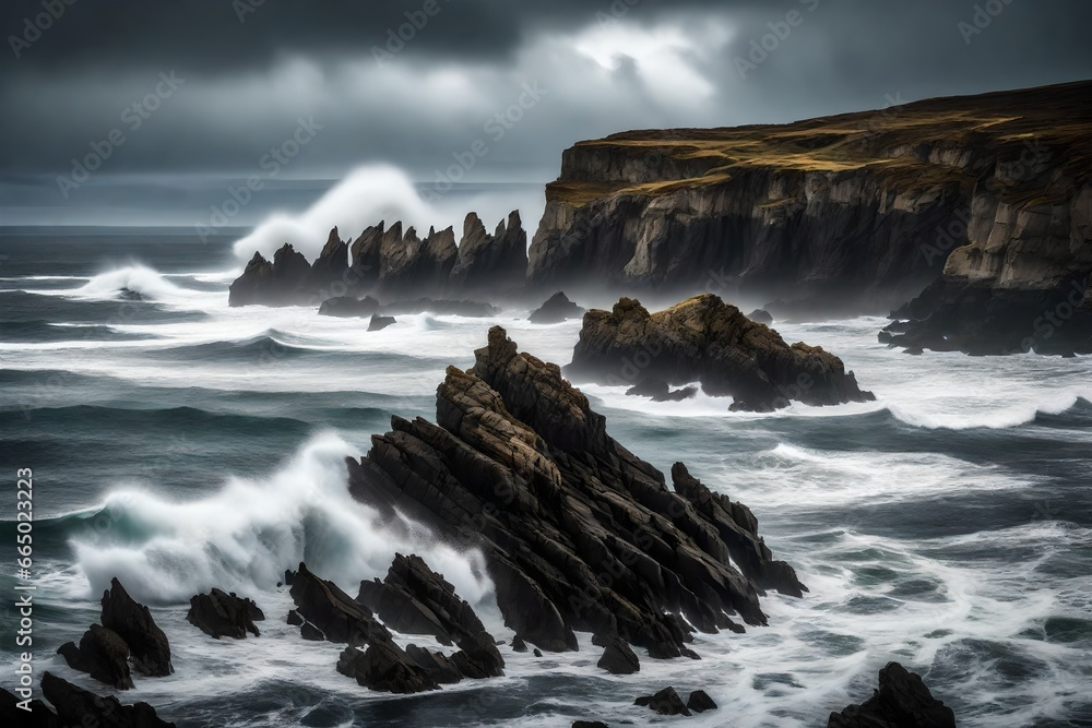 A remote, windswept coastal cliff with waves crashing against its jagged rocks, under a brooding, overcast sky.