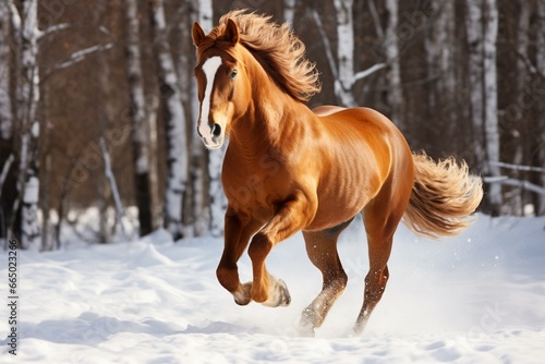 Winter gallop of a chestnut horse. Generative AI