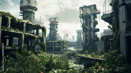 A 3D rendering of a desolate, overgrown cityscape in a post-apocalyptic setting.. © ckybe