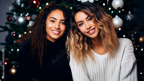 Two young beautiful smiling international hipster female wearing warm winter sweaters. Sexy carefree women posing on white background in studio. Ai generated