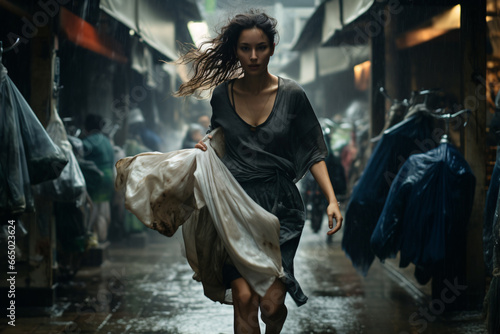 A Hispanic woman soak in rain running on street 
