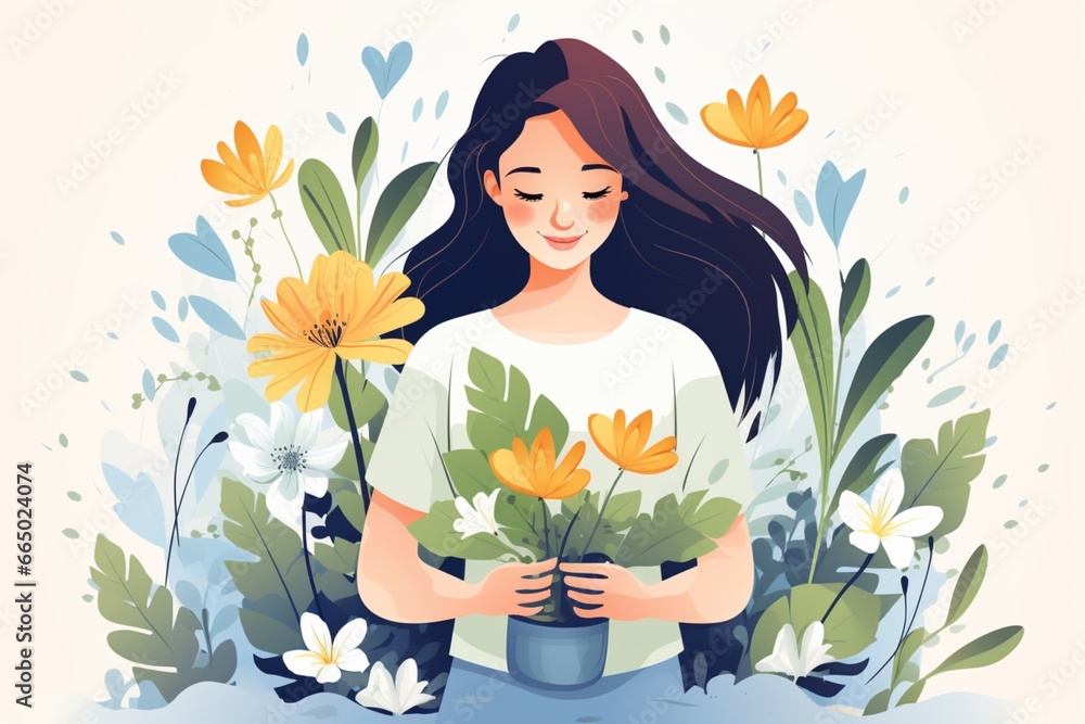 Happy beautiful girl with a bouquet of flowers in garden.  watering plants. Self love flat illustration, kind, creative art, vector. 