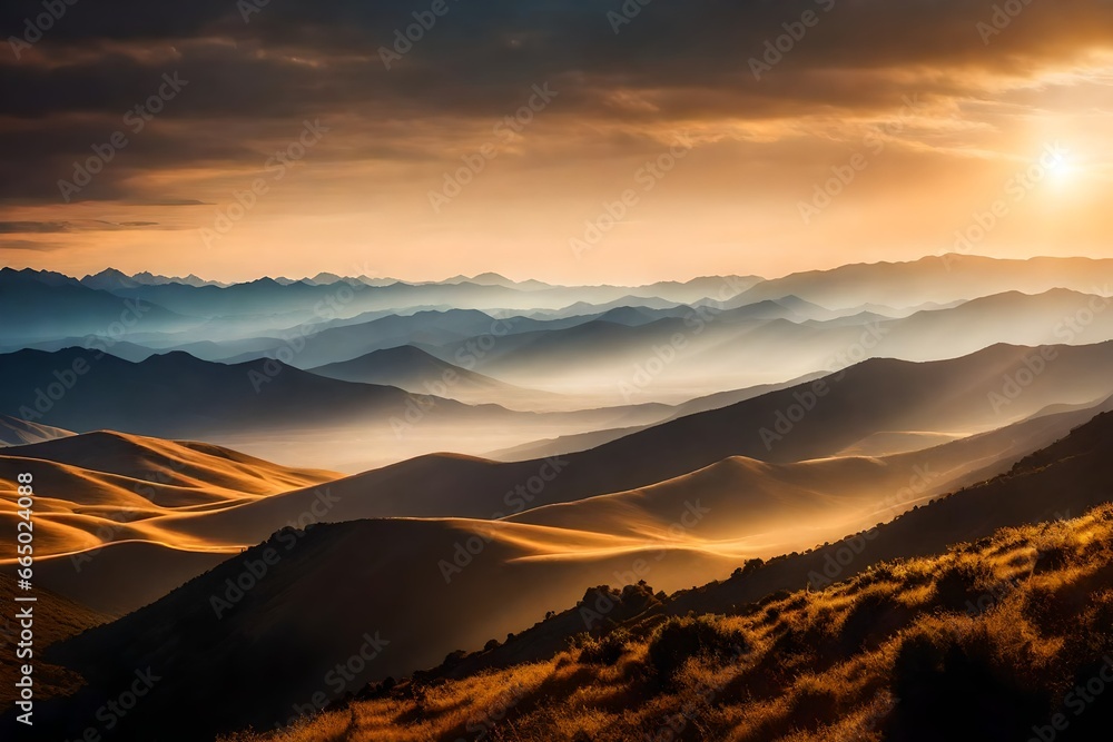 Fototapeta premium A Photograph of serene majesty: A vast expanse of mountains reaches towards the heavens, basking in the warm glow of a sun-kissed horizon.