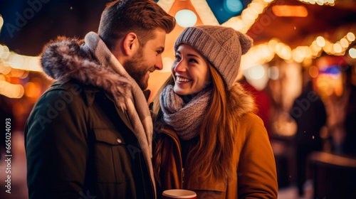 winter holidays and people concept - happy young couple dating at christmas tree in evening. Ai generated