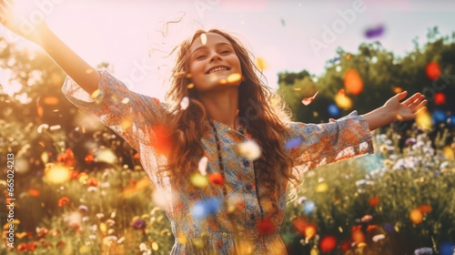 Happy girl in flying petals like those that it's snowing in spring. She rejoices in the coming of spring. Spring vibes. Emotional lifestyle portrait. Selective focus photo