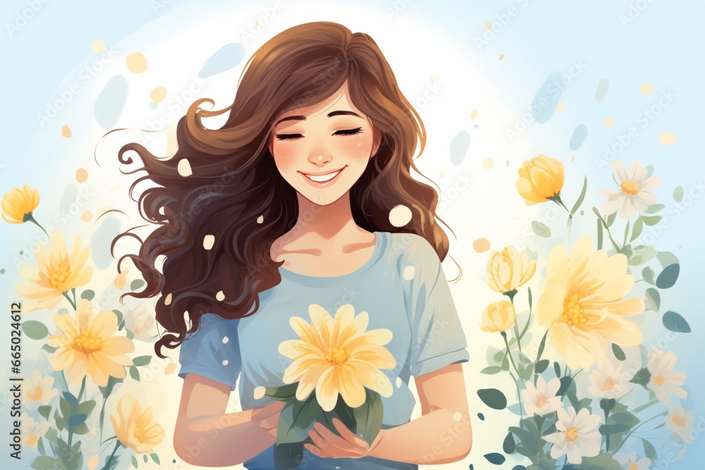 Happy beautiful girl with a bouquet of flowers in garden. watering plants. Self love flat illustration, kind, creative art, vector. Happy beautiful girl with a bouquet of flowers in garden. watering plants. Self love flat illustration, kind, creative art, vector.