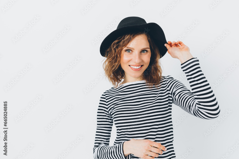 Happy young woman with hat on white background Happy young woman with hat on white background