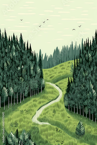 Nobody on a path in a summer fir-tree forest. Peaceful scenic landscape with woodland and birds in the sky. Green foliage on trees in the woods