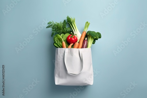Grocery full bag. white shopping bag with vegetables in light blue background.