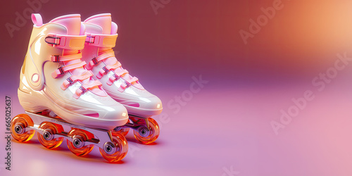 Roller skates on a violet  yellow   pink background. A place where they teach you how to roller skate. Quad rollers with pink wheels on a gradient floor. Roller skates for sale  safety brands. . Derby