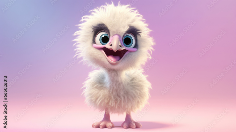 Obraz premium Realistic 3d render of a happy, furry and cute baby Ostrich smiling with big eyes looking strainght